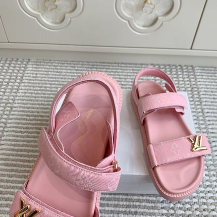 LV SANDALS 25S IN LIGHT PINK DENIM AND CALFSKIN WITH GOLD HARDWARE