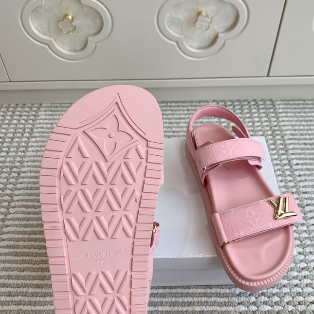 LV SANDALS 25S IN LIGHT PINK DENIM AND CALFSKIN WITH GOLD HARDWARE