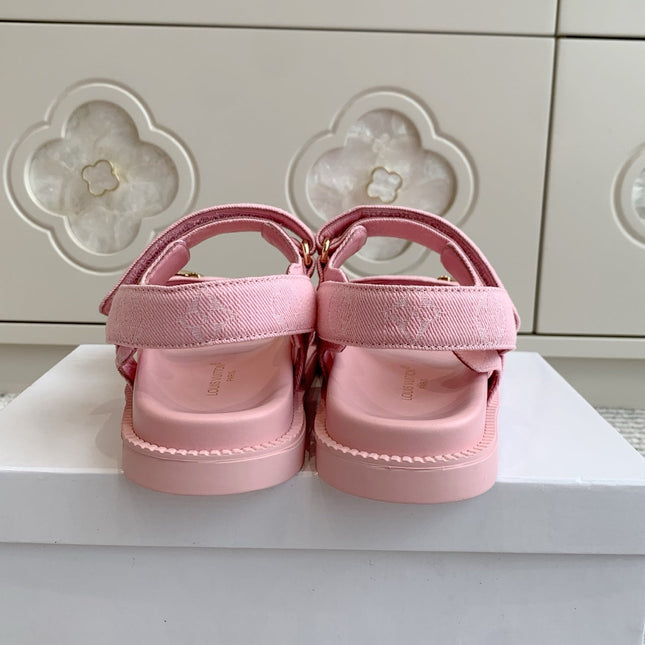 LV SANDALS 25S IN LIGHT PINK DENIM AND CALFSKIN WITH GOLD HARDWARE