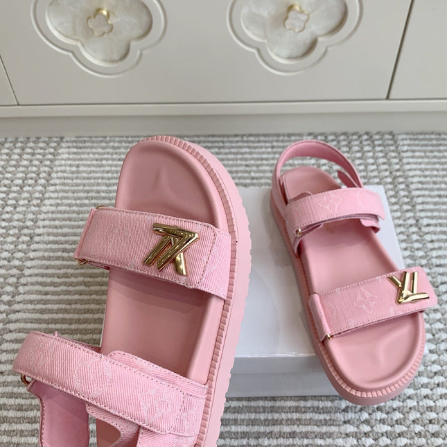 LV SANDALS 25S IN LIGHT PINK DENIM AND CALFSKIN WITH GOLD HARDWARE