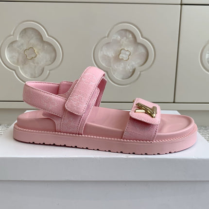 LV SANDALS 25S IN LIGHT PINK DENIM AND CALFSKIN WITH GOLD HARDWARE