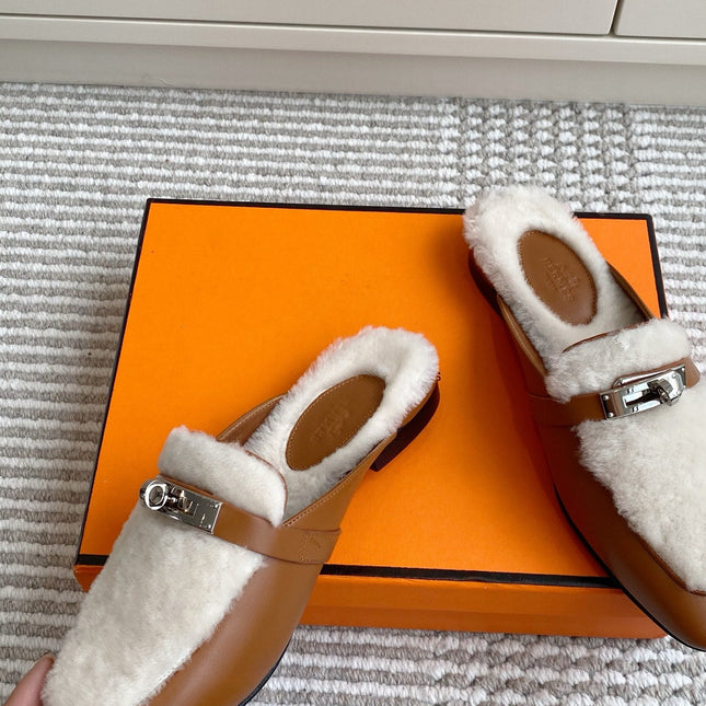 HM 25S CATENA MULE IN BEIGE SHEARLING AND BROWN LAMBSKIN WITH SILVER HARDWARE