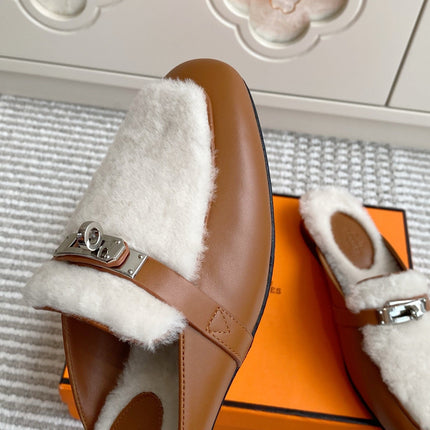 HM 25S CATENA MULE IN BEIGE SHEARLING AND BROWN LAMBSKIN WITH SILVER HARDWARE