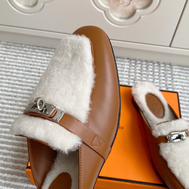 HM 25S CATENA MULE IN BEIGE SHEARLING AND BROWN LAMBSKIN WITH SILVER HARDWARE