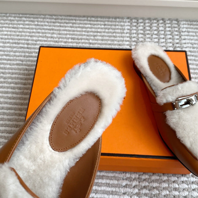 HM 25S CATENA MULE IN BEIGE SHEARLING AND BROWN LAMBSKIN WITH SILVER HARDWARE