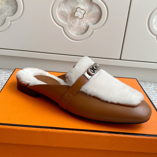 HM 25S CATENA MULE IN BEIGE SHEARLING AND BROWN LAMBSKIN WITH SILVER HARDWARE