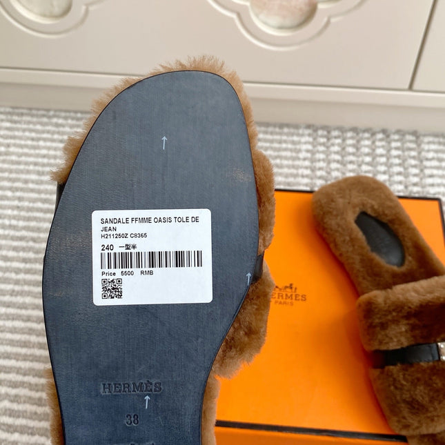 HM 25S GIULIA SANDAL IN BROWN SHEARLING WITH SILVER HARDWARE