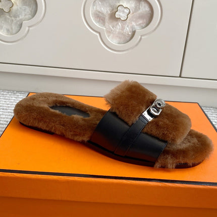 HM 25S GIULIA SANDAL IN BROWN SHEARLING WITH SILVER HARDWARE