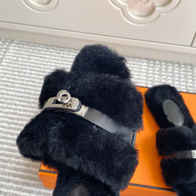 HM 25S ECLAIR SANDAL IN BLACK SHEARLING WITH SILVER HARDWARE