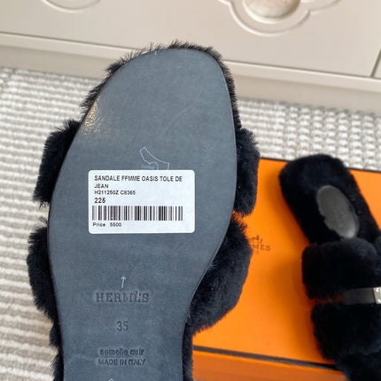 HM 25S ECLAIR SANDAL IN BLACK SHEARLING WITH SILVER HARDWARE