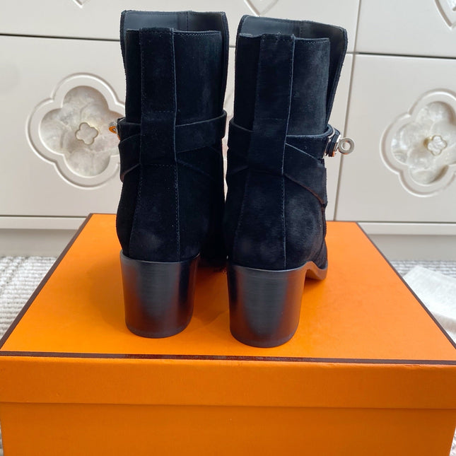 HM 25S FRENCHIE 50 ANKLE BOOT 50 MM IN BLACK SUEDE WITH SILVER HARDWARE