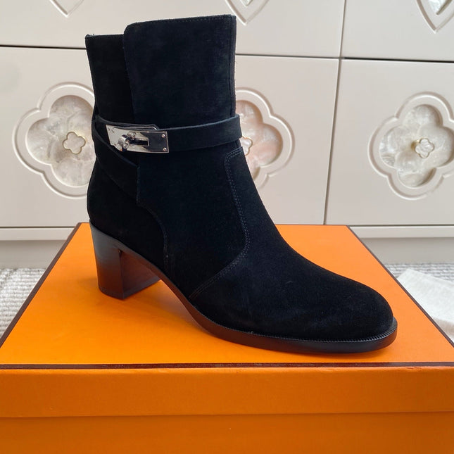 HM 25S FRENCHIE 50 ANKLE BOOT 50 MM IN BLACK SUEDE WITH SILVER HARDWARE