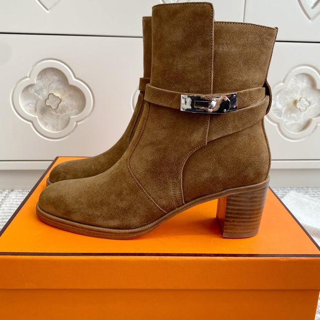 HM 25S FRENCHIE 50 ANKLE BOOT 50 MM IN BROWN SUEDE WITH SILVER HARDWARE