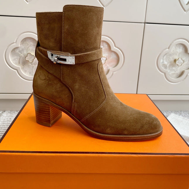 HM 25S FRENCHIE 50 ANKLE BOOT 50 MM IN BROWN SUEDE WITH SILVER HARDWARE