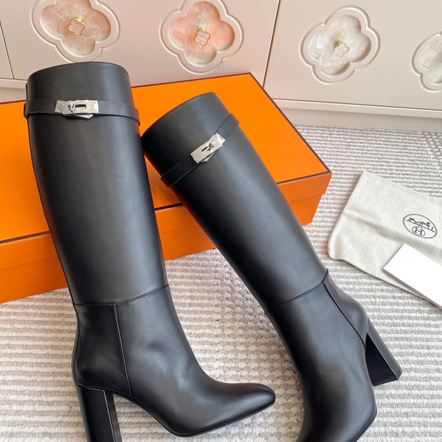 HM 25S TALL BOOTS 90 MM IN BLACK LAMBSKIN WITH SILVER HARDWARE