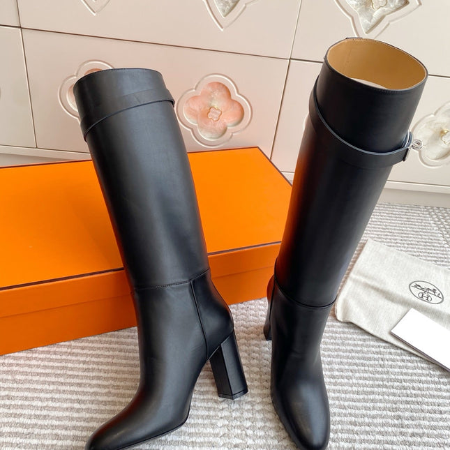 HM 25S TALL BOOTS 90 MM IN BLACK LAMBSKIN WITH SILVER HARDWARE