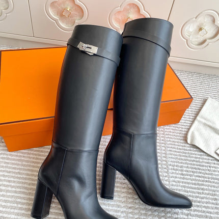 HM 25S TALL BOOTS 90 MM IN BLACK LAMBSKIN WITH SILVER HARDWARE