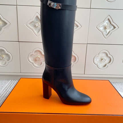 HM 25S TALL BOOTS 90 MM IN BLACK LAMBSKIN WITH SILVER HARDWARE