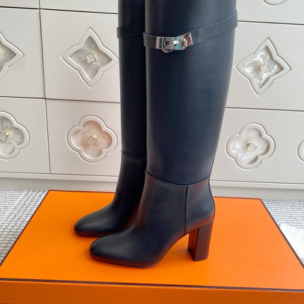 HM 25S TALL BOOTS 90 MM IN BLACK LAMBSKIN WITH SILVER HARDWARE