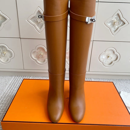 HM 25S TALL BOOTS 90 MM IN BROWN LAMBSKIN WITH SILVER HARDWARE
