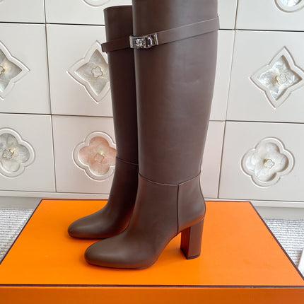 HM 25S TALL BOOTS 90 MM IN DARK BROWN LAMBSKIN WITH SILVER HARDWARE