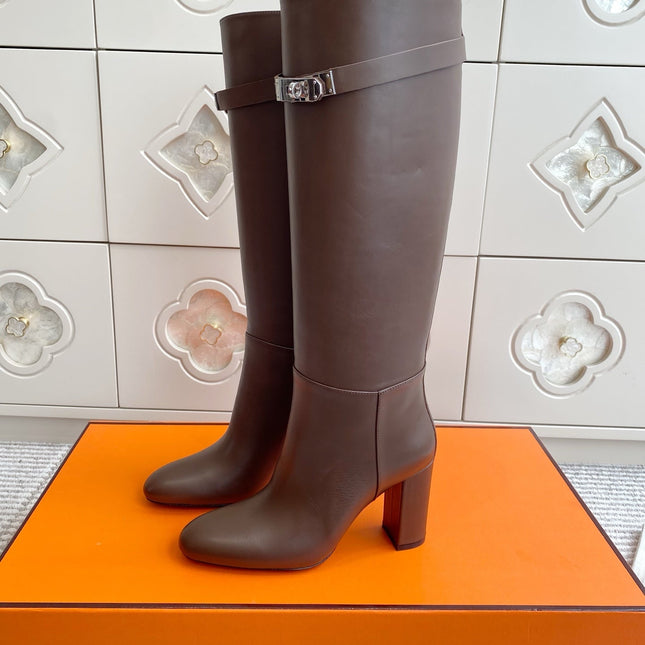 HM 25S TALL BOOTS 90 MM IN DARK BROWN LAMBSKIN WITH SILVER HARDWARE