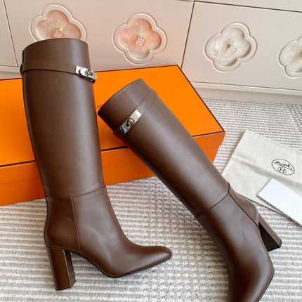 HM 25S TALL BOOTS 90 MM IN DARK BROWN LAMBSKIN WITH SILVER HARDWARE