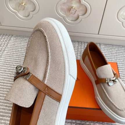 HM 25S SLIP-ON IN LIGHT BEIGE CANVAS AND BROWN LAMBSKIN WITH SILVER HARDWARE