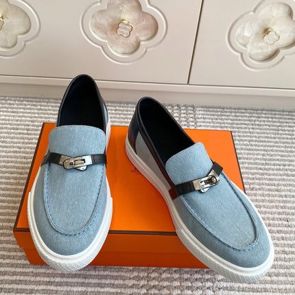 HM 25S SLIP-ON IN SKY BLUE CANVAS AND BLACK LAMBSKIN WITH SILVER HARDWARE