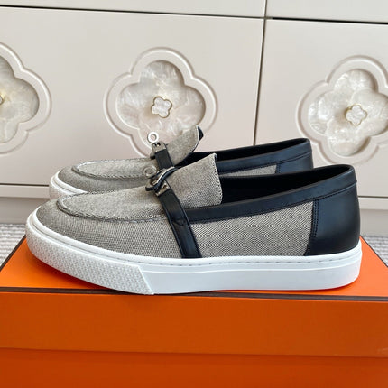 HM 25S SLIP-ON IN GREY CANVAS AND BLACK LAMBSKIN WITH SILVER HARDWARE