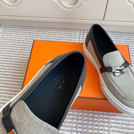 HM 25S SLIP-ON IN GREY CANVAS AND BLACK LAMBSKIN WITH SILVER HARDWARE