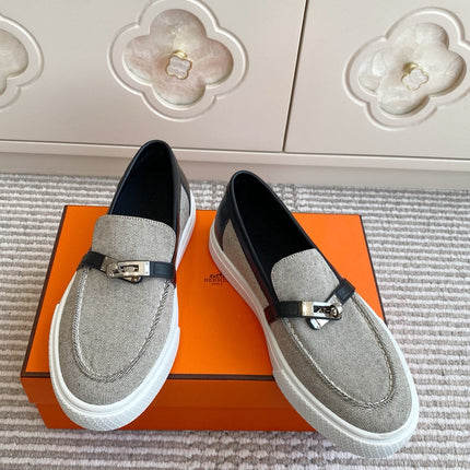 HM 25S SLIP-ON IN GREY CANVAS AND BLACK LAMBSKIN WITH SILVER HARDWARE