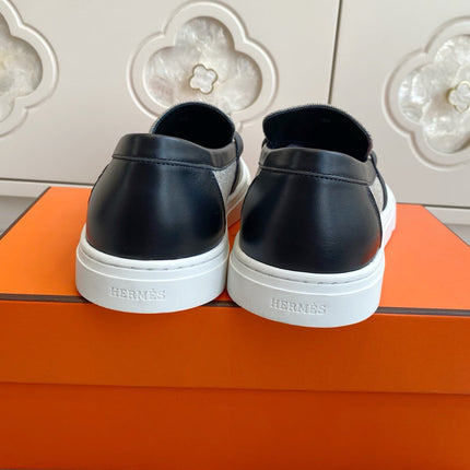 HM 25S SLIP-ON IN GREY CANVAS AND BLACK LAMBSKIN WITH SILVER HARDWARE