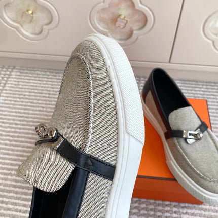 HM 25S SLIP-ON IN GREY CANVAS AND BLACK LAMBSKIN WITH SILVER HARDWARE