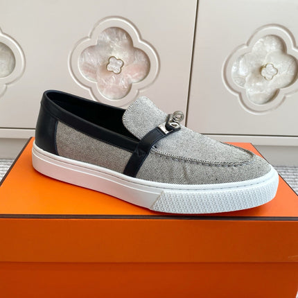 HM 25S SLIP-ON IN GREY CANVAS AND BLACK LAMBSKIN WITH SILVER HARDWARE