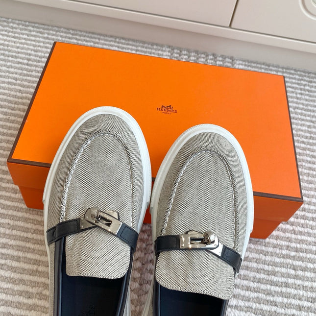HM 25S SLIP-ON IN GREY CANVAS AND BLACK LAMBSKIN WITH SILVER HARDWARE