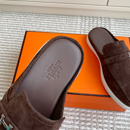 HM 25S MULES IN DARK BROWN SUEDE WITH SILVER HARDWARE