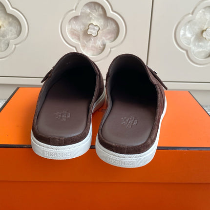 HM 25S MULES IN DARK BROWN SUEDE WITH SILVER HARDWARE