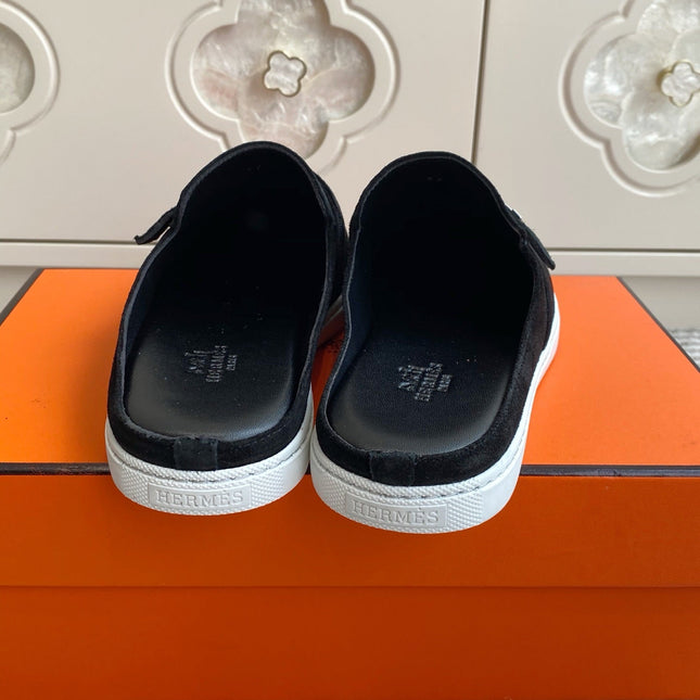 HM 25S MULES IN BLACK SUEDE WITH SILVER HARDWARE