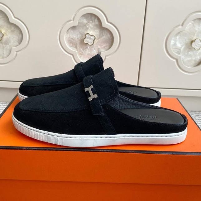 HM 25S MULES IN BLACK SUEDE WITH SILVER HARDWARE