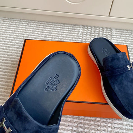 HM 25S MULES IN NAVY BLUE SUEDE WITH SILVER HARDWARE