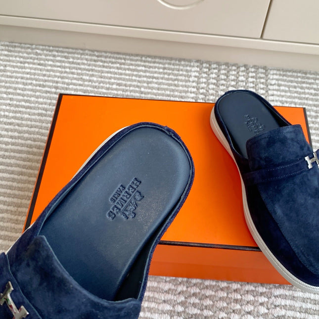 HM 25S MULES IN NAVY BLUE SUEDE WITH SILVER HARDWARE
