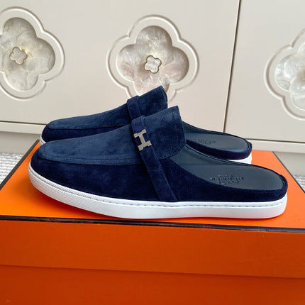 HM 25S MULES IN NAVY BLUE SUEDE WITH SILVER HARDWARE