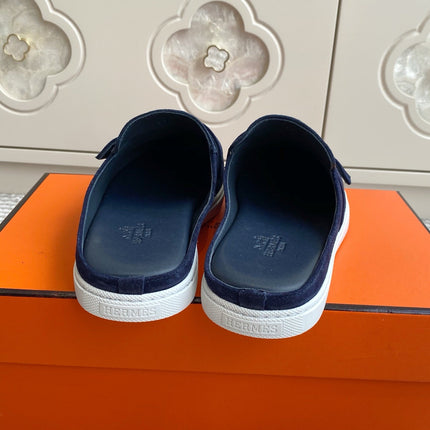 HM 25S MULES IN NAVY BLUE SUEDE WITH SILVER HARDWARE