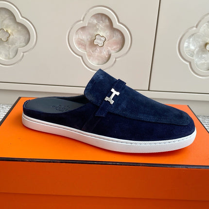 HM 25S MULES IN NAVY BLUE SUEDE WITH SILVER HARDWARE