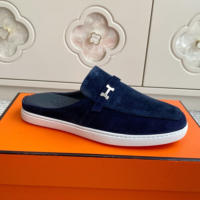 HM 25S MULES IN NAVY BLUE SUEDE WITH SILVER HARDWARE