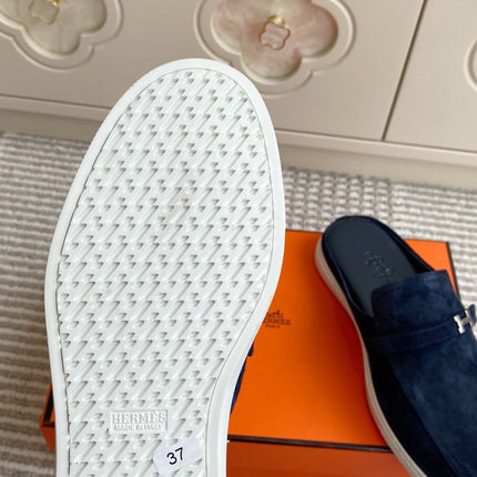 HM 25S MULES IN NAVY BLUE SUEDE WITH SILVER HARDWARE