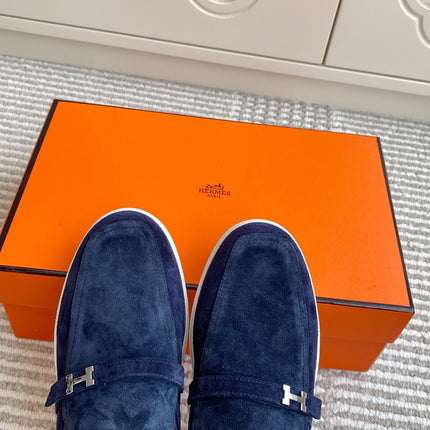 HM 25S MULES IN NAVY BLUE SUEDE WITH SILVER HARDWARE