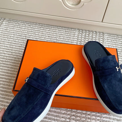HM 25S MULES IN NAVY BLUE SUEDE WITH SILVER HARDWARE
