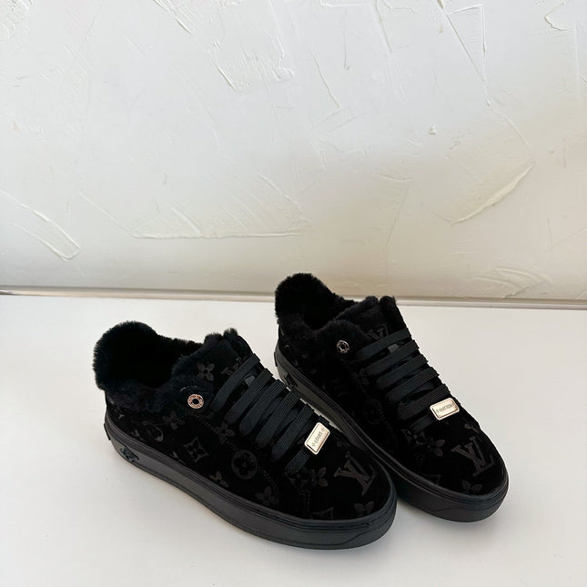 TIME OUT SNEAKER IN BLACK MONOGRAM EMBOSSED SUEDE WITH FLEECE LINING